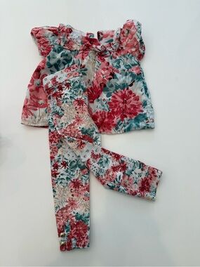 Janie and Jack Coral, Teal & Cream Floral Blouse and leggings 2T